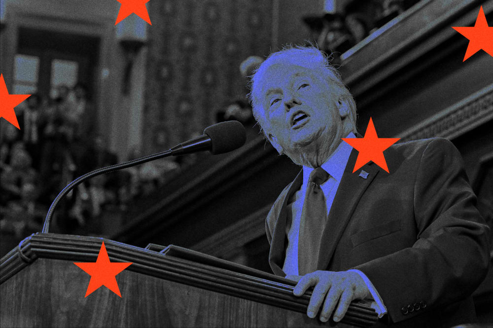 A photo illustration of Donald Trump with red and blue stars overlayed.
