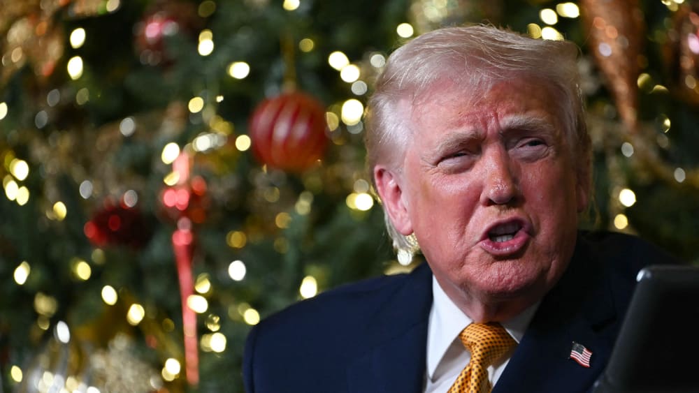 Donald Trump in front of a Christmas tree.