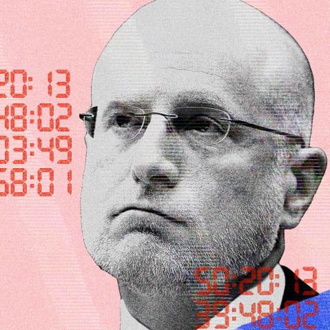 A photo illustration of Brendan Carr, left, and Stephen Colbert.