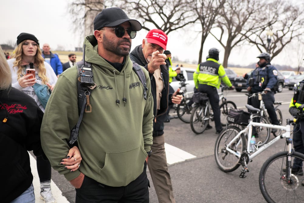 Former Proud Boys leader Enrique Tarrio attends a January 6th memorial march marking five years since the attack on the US Capitol on Jan. 06, 2026.