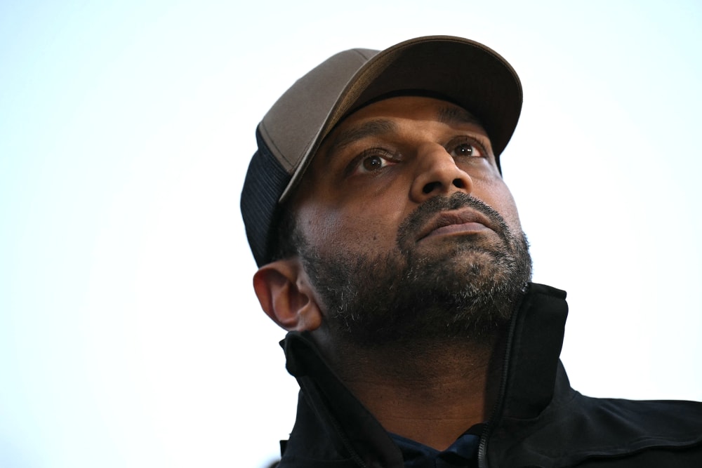 Kash Patel is seen in this closeup photo shot from below.