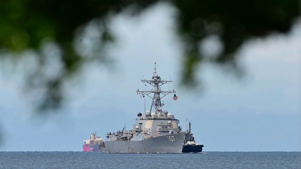 A warship on the water.