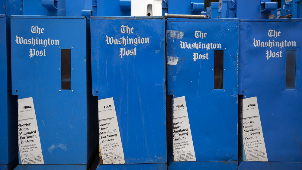 Unused Washington Post newspaper boxes sit near the Washington Post newspaper production facility in Springfield, VA.