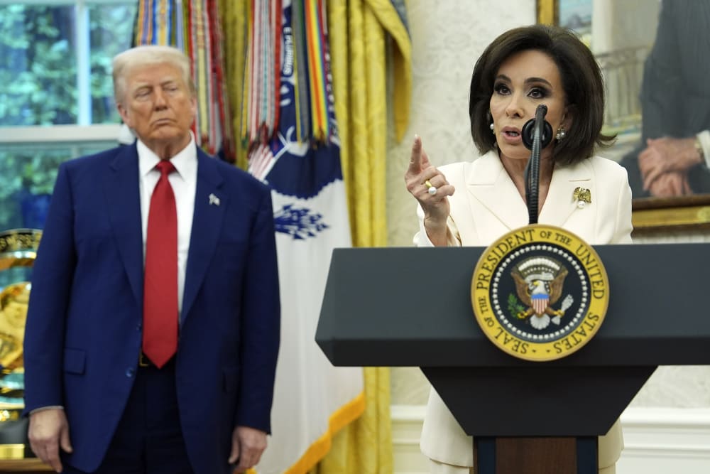 President Donald Trump and Jeanine Pirro during her swearing in ceremony on May 28, 2025 in Washington, D.C.
