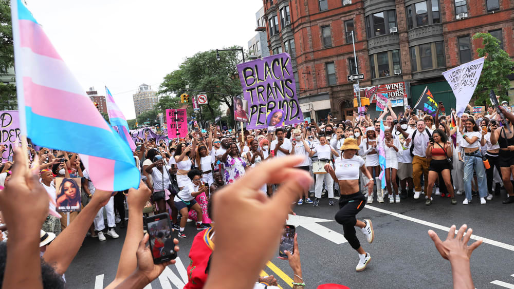 People dance during the Brooklyn Liberation's Protect Trans Youth event in New York City.