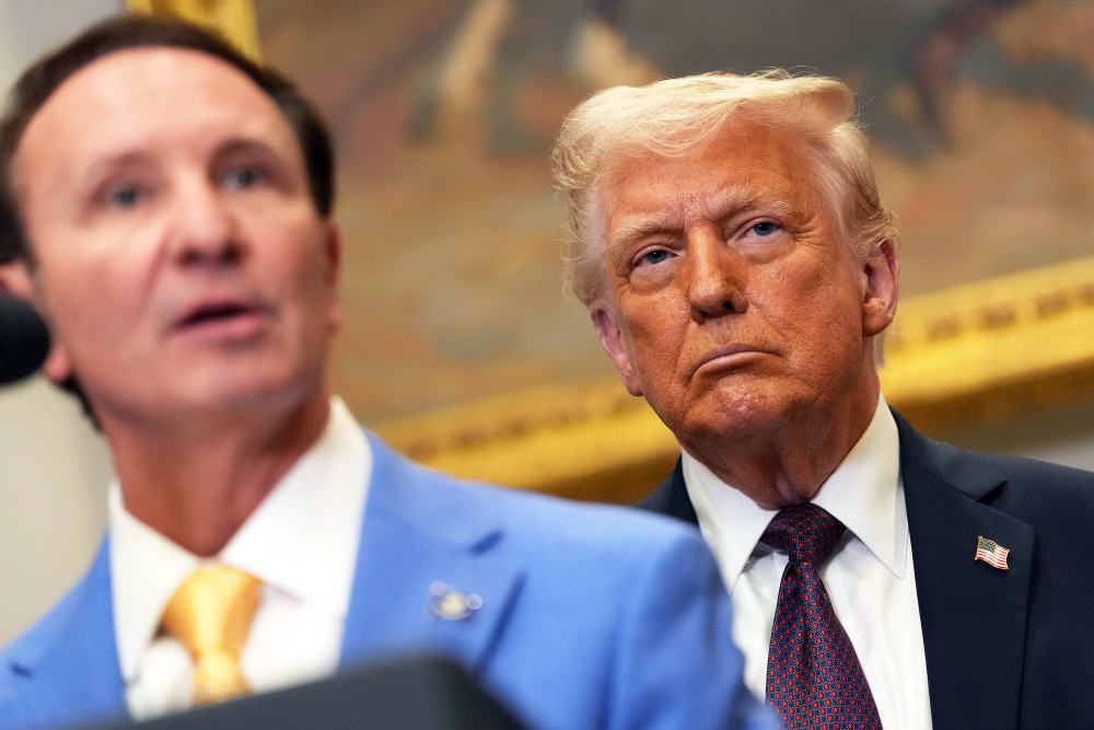 Louisiana Governor Jeff Landry speaks alongside U.S. President Donald Trump in the Roosevelt Room of the White House.