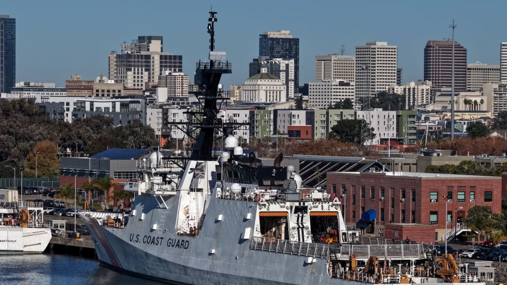 A U.S. Coast Guard cutter sits docked at Coast Guard Island Alameda