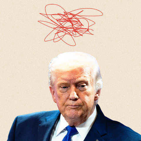 Donald Trump with a red scribble over his head. He is overlaid on a cutout of the U.S. Supreme Court building.