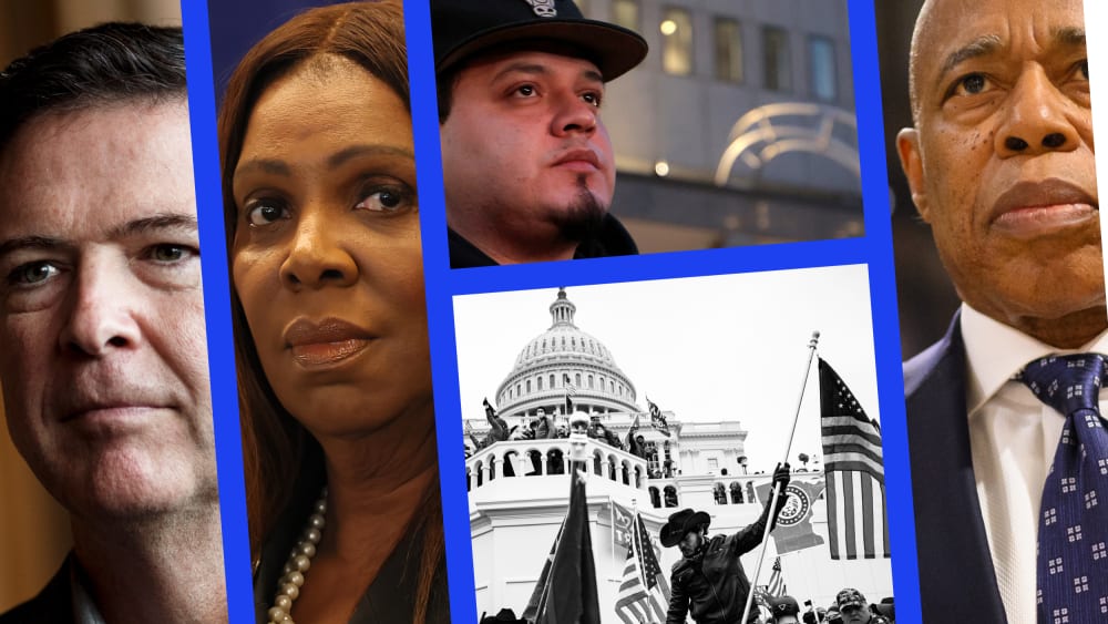 James Comey, Letitia James, Kilmar Abrego Garcia, Eric Adams, and rioters at the US Capitol on January 6th, 2021