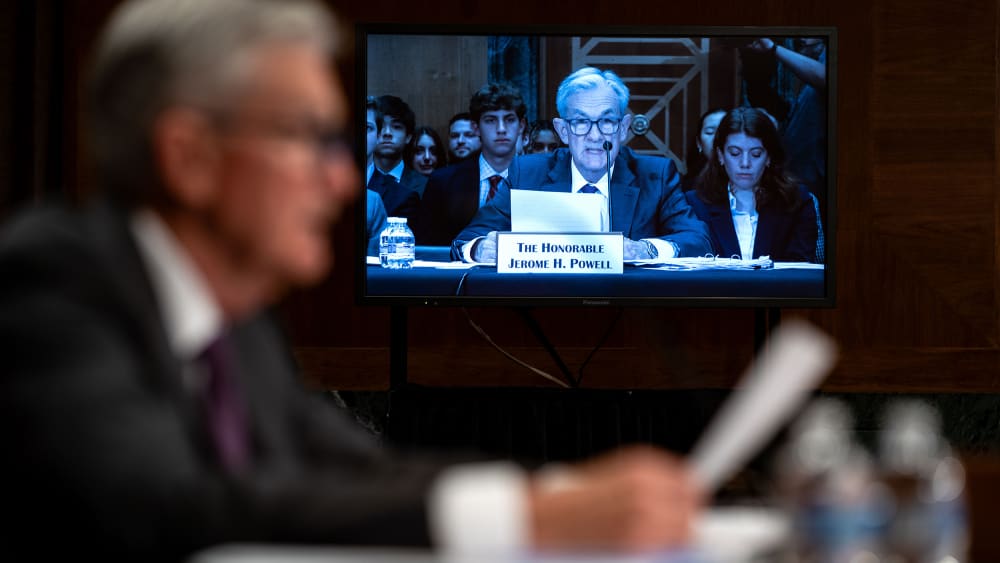 Fed Chair Jerome Powell looks uneasy as he testifies before the Senate Committee.