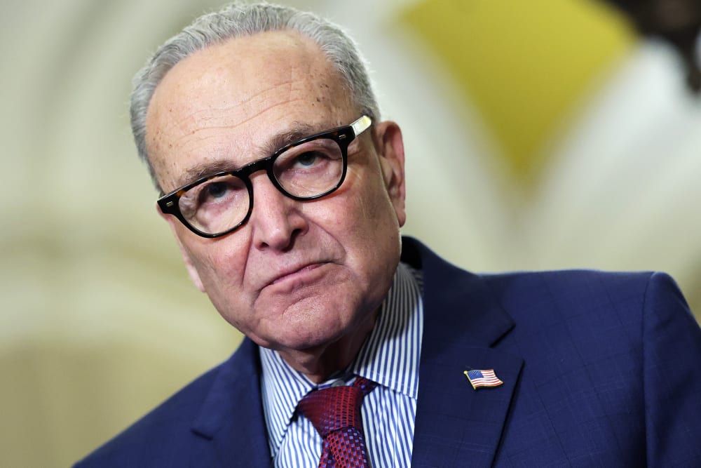 Chuck Schumer is seen in a close-up frame that was shot with a diagonal tilt.