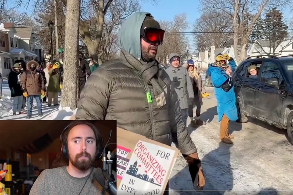 Zack Hoyt in a box in the bottom left corner by a podcasting microphone. The rest of the screen shows protesters gathered on a snowy street.