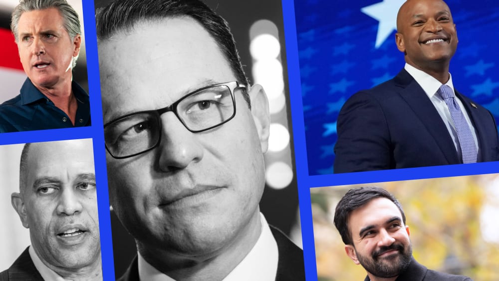 A composite image showing Gavin Newsom, Hakeem Jeffries, Josh Shapiro, Wes Moore, and Zohran Mamdani