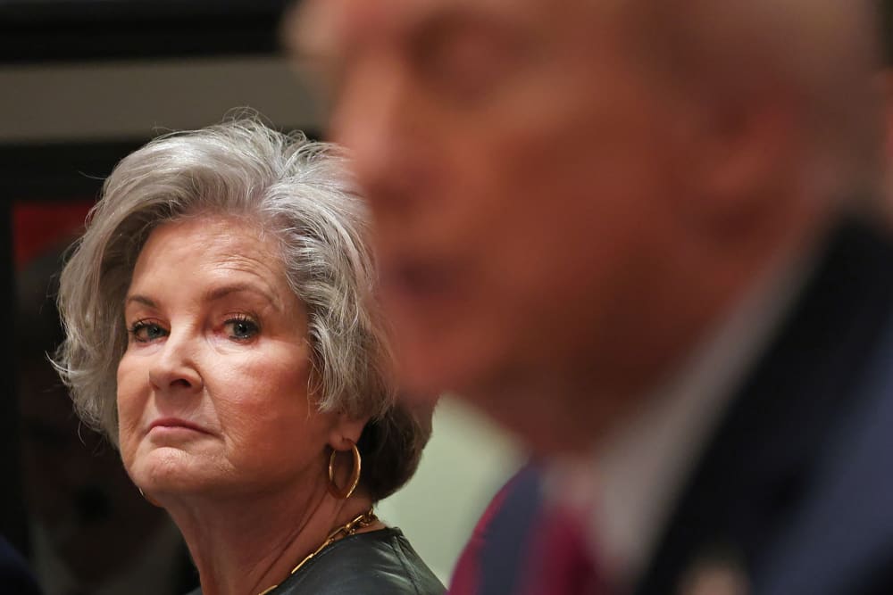 White House chief of staff Susie Wiles looks on as U.S. President Donald Trump meets with Ukrainian President Volodymyr Zelenskyy.
