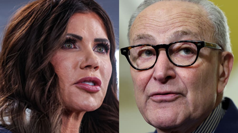 A split image shows Kristi Noem on the left and Chuck Schumer on the right.