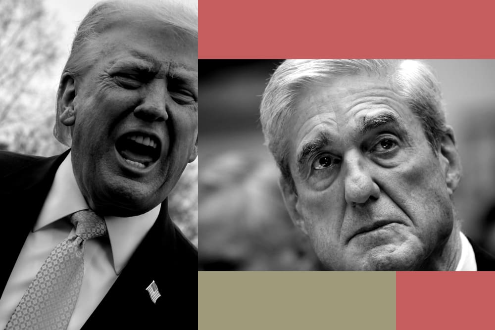 This collage shows Donald Trump on the left and Robert Mueller on the right.