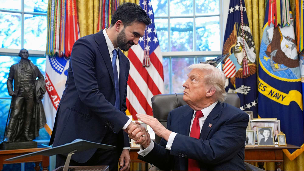 Zohran Mamdani, left, and Donald Trump shake hands in the Oval Office.