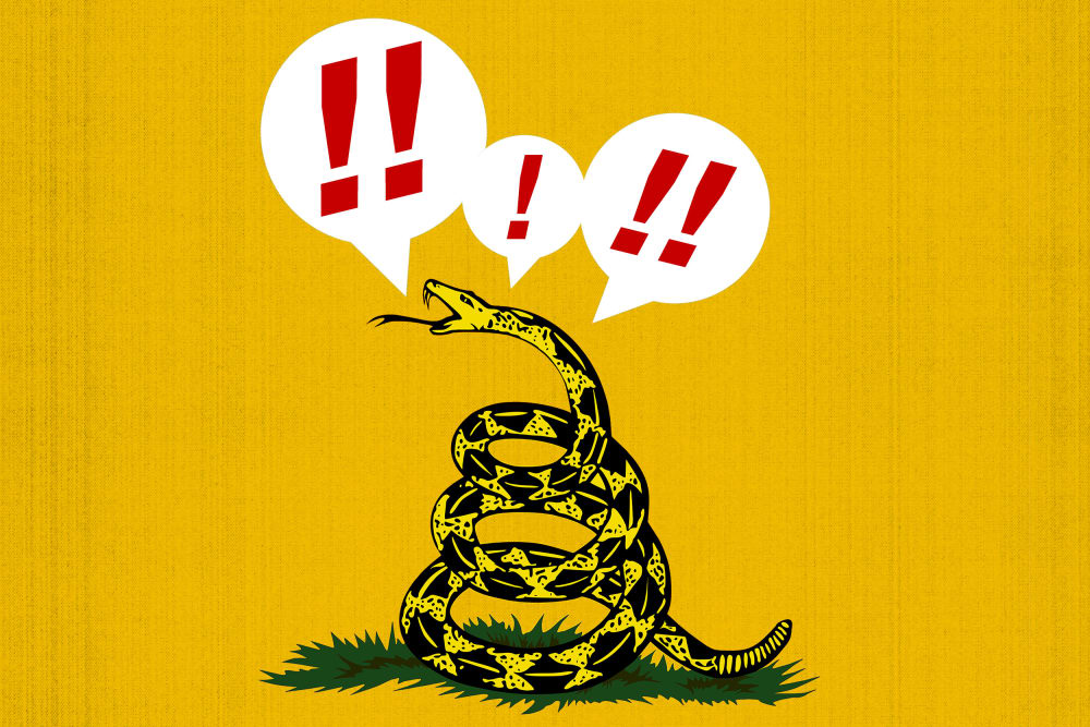 "Don't Tread On Me" snack with exclamation marks in speech bubbles above.