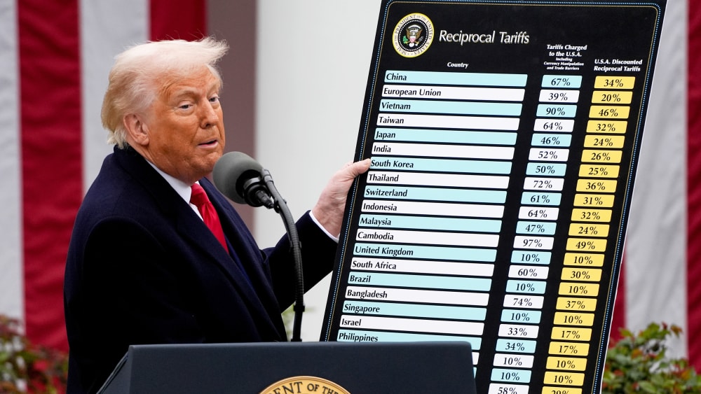 Donald Trump looks toward the audience as he holds a poster.