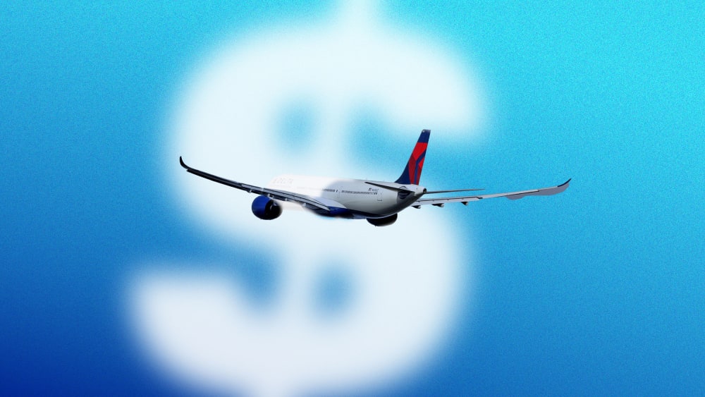 An illustration airplane flying through a dollar sign cloud