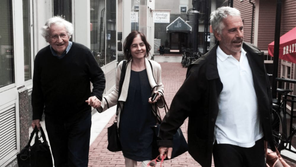 Noam Chomsky (left) with wife Valeria Wasserman and Jeffrey Epstein (right) in an undated photo.