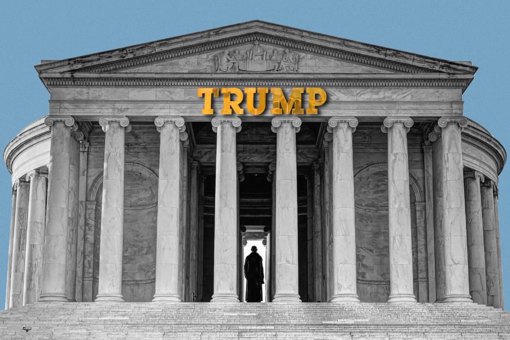 A photo illustration featuring the Jefferson Memorial with Trump's name in gold on top.