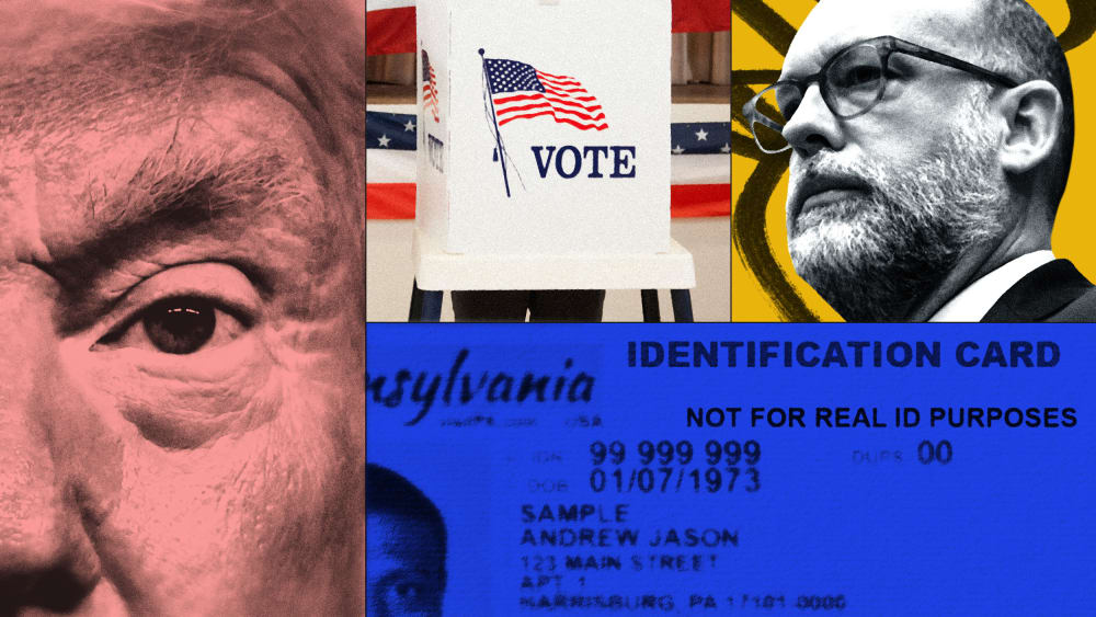 A stylized collage of Donald Trump, Russell Vought, a sample ID Card, and a voting booth.