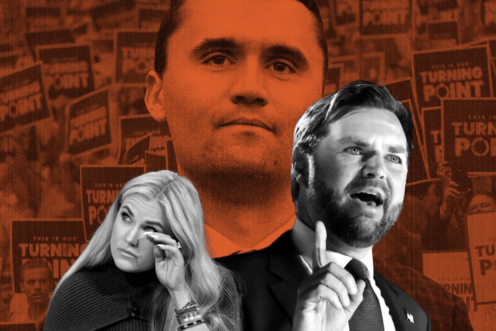 a collage showing Charlie Kirk, Erika Kirk, and JD Vance in front of Turning Point USA supporters