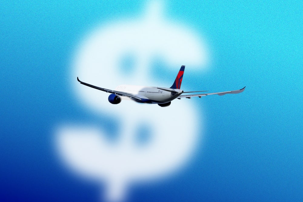 An illustration airplane flying through a dollar sign cloud