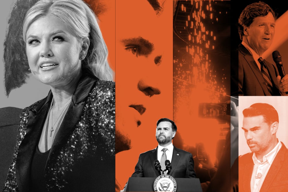 A composite image of Charlie Kirk, Erika Kirk, JD Vance, Tucker Carlson, and Ben Shapiro