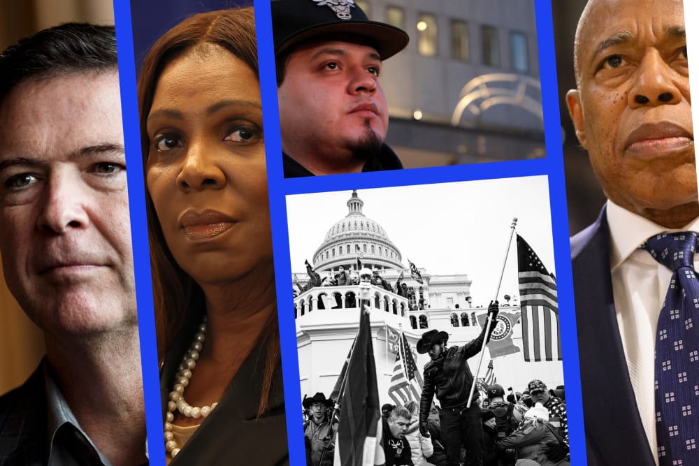 James Comey, Letitia James, Kilmar Abrego Garcia, Eric Adams, and rioters at the US Capitol on January 6th, 2021