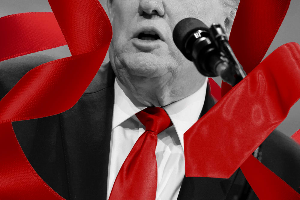 a photo illustration showing Trump with a long red tie weaving around him
