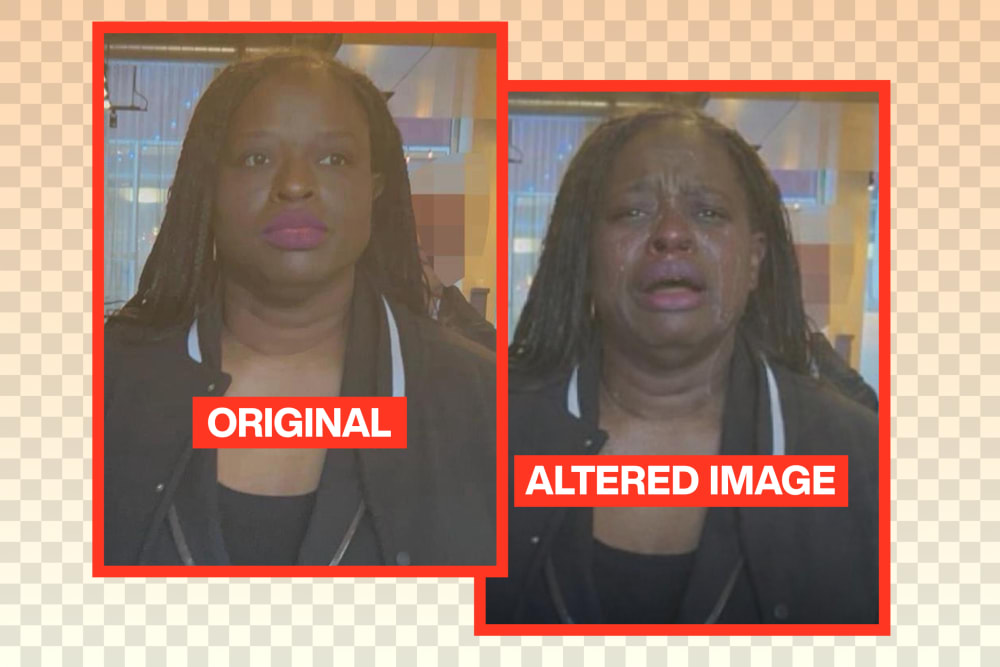 Two images showing a woman being arrested; in the original the woman shows no emotion, and in the AI-altered image she is crying.