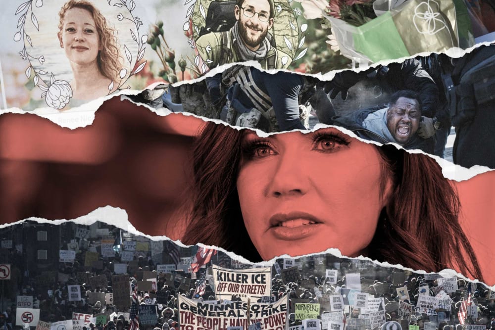 A photo collage of Krisi Noem overlayed with a memorial for Renee Good and Alex Pretti, and protests in Minneapolis