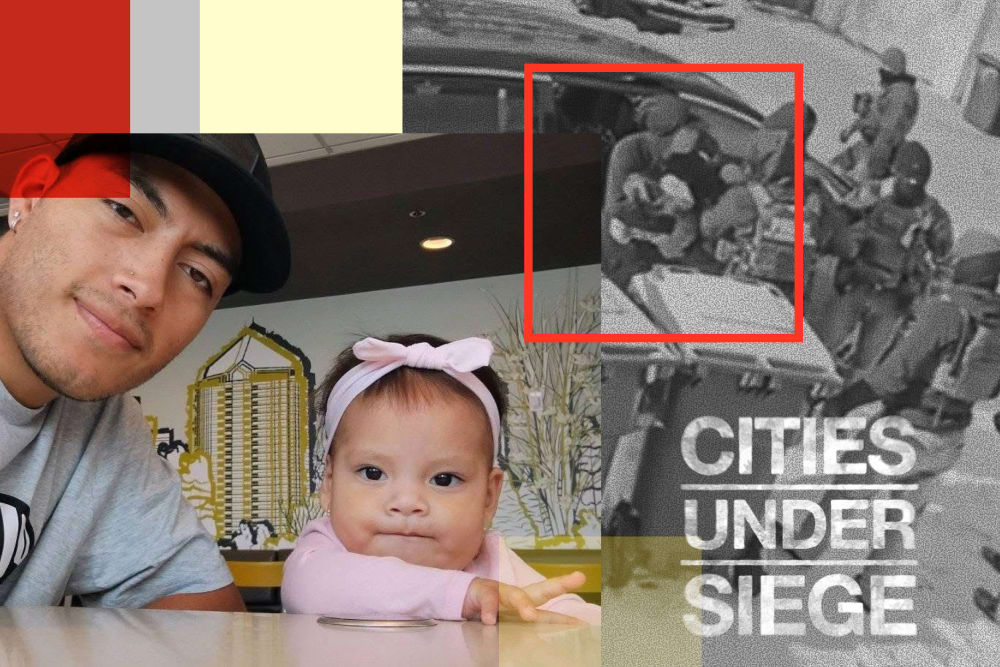 A collage showing a father and his 2-year-old daughter, and security camera footage of the girl being arrested by immigration officers