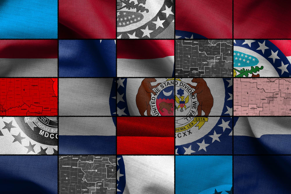 An illustration of the Missouri state flag that's been cut up and rearranged