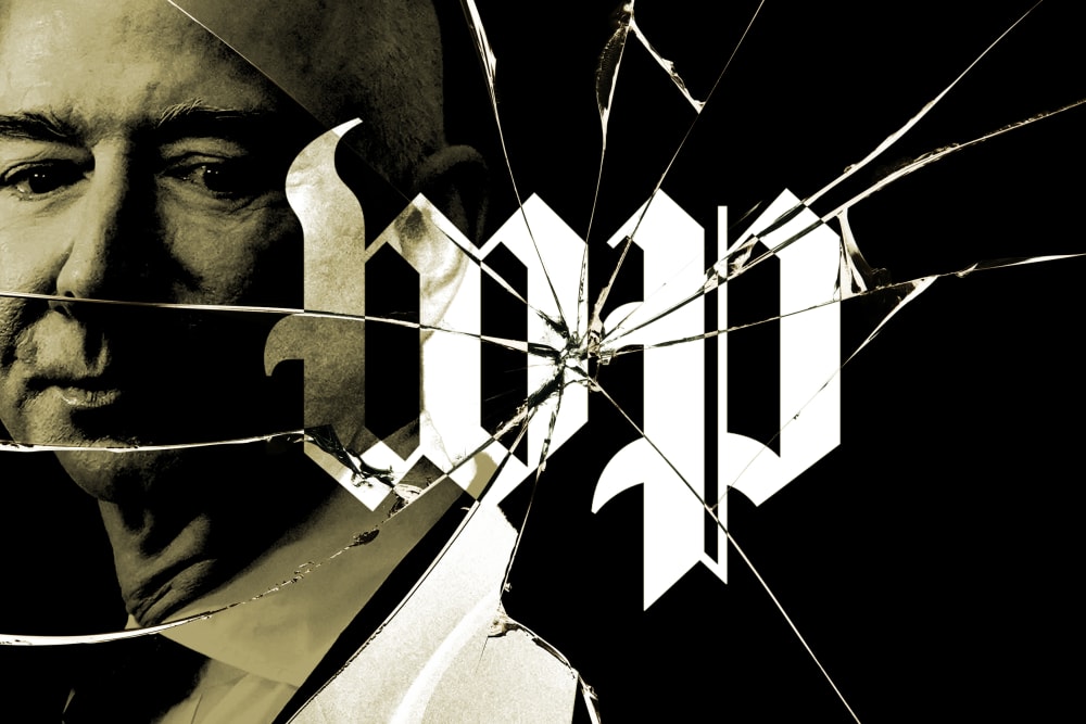 a photo illustration of Jeff Bezos and the Washington Post logo reflected in cracked glass