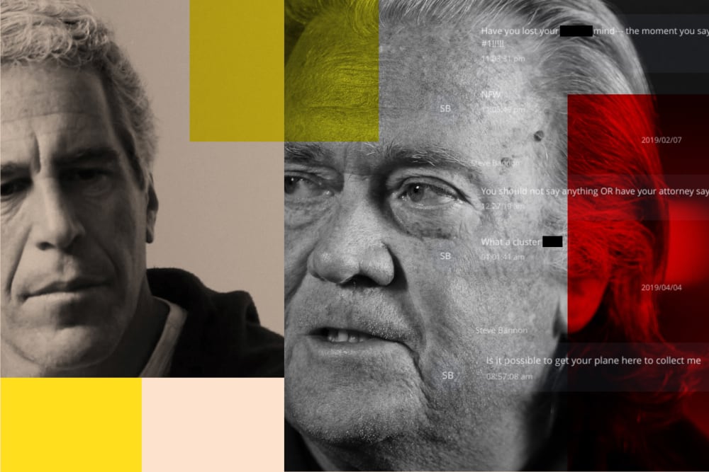 A photo collage showing Jeffrey Epstein and Steve Bannon with correspondence overlayed