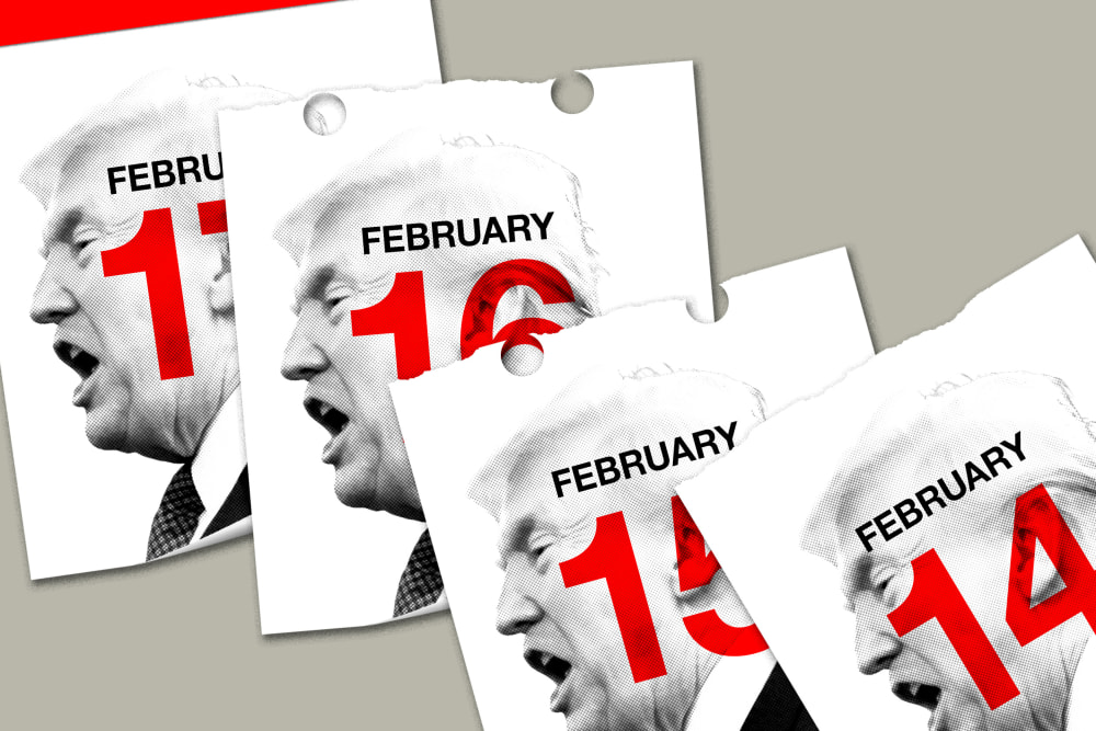 An illustration of a daily calendar pages torn off revealing the same image of Trump