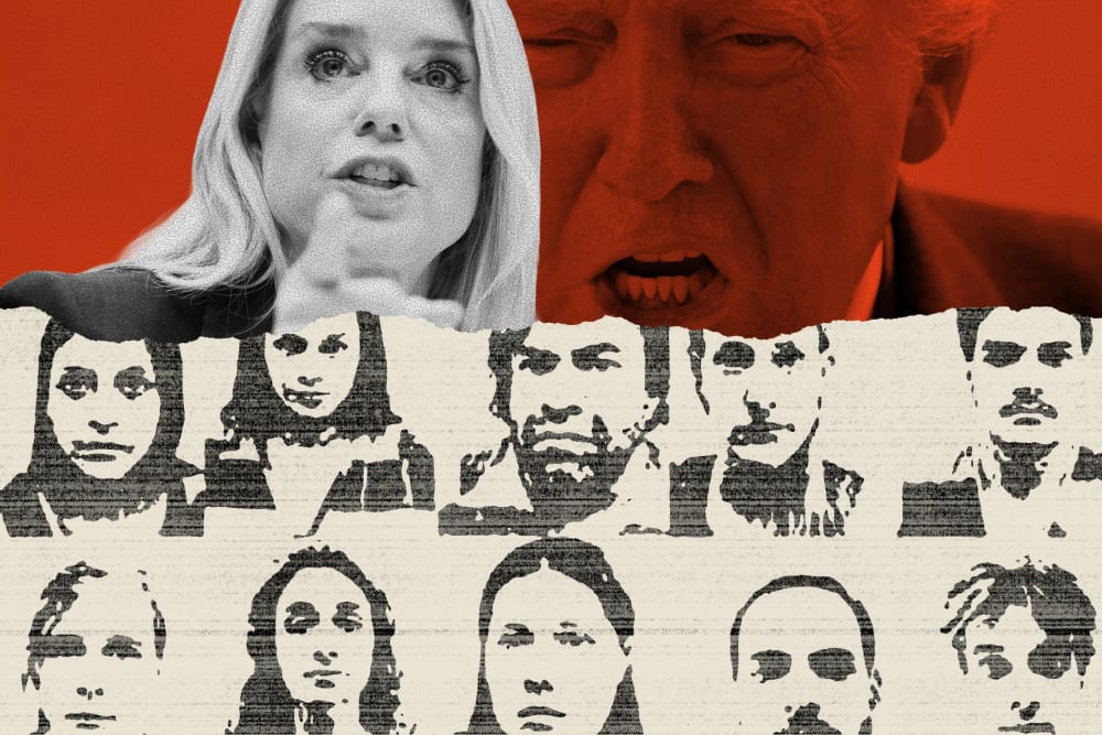 A collage showing Pam Bondi, Donald Trump, and the mugshots of suspects accused of being Antifa members