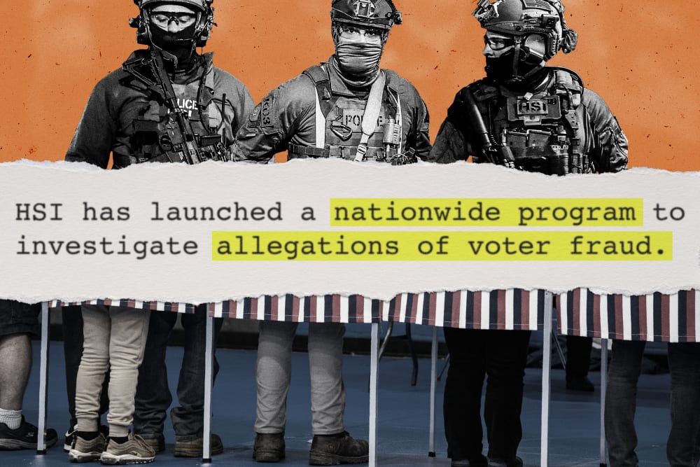 Three men in military outfits stand above a quote that reads "HSI has launched a nationwide program to investigate allegations of voter fraud." Underneath is a photo depicting the legs and feet of voters at a voting booth.