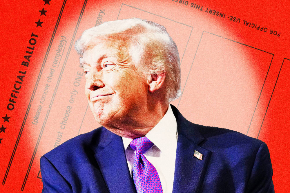 Photoillustration of a spotlight on Donald Trump, smiling over a red voting ballot.