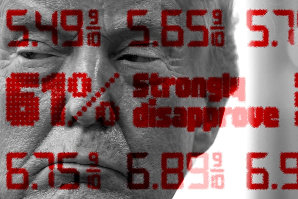 gas prices and polling numbers overlay a extreme closeup of Donald Trump