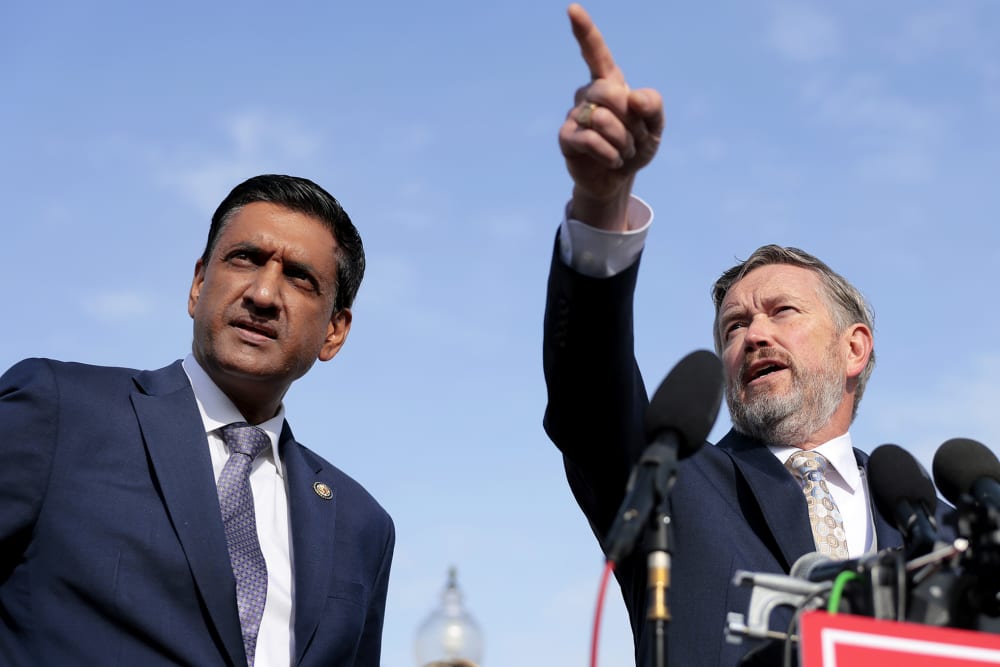 Rep. Thomas Massie and Rep. Ro Khanna during a news conference on the Epstein Files Transparency Act on Nov. 18, 2025 outside the U.S. Capitol.