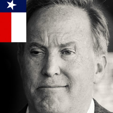 Photoillustration featuring side-by-side portraits of John Cornyn and Ken Paxton separated by the Texas state flag, with a U.S. currency fragment at the top and a repeating "TX" pattern along the bottom.