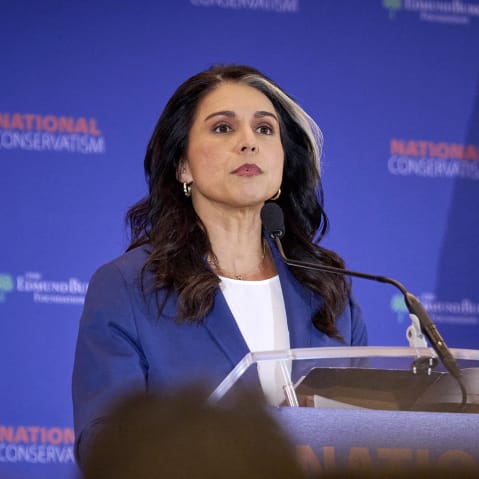 Tulsi Gabbard seen on stage through the audience's heads.