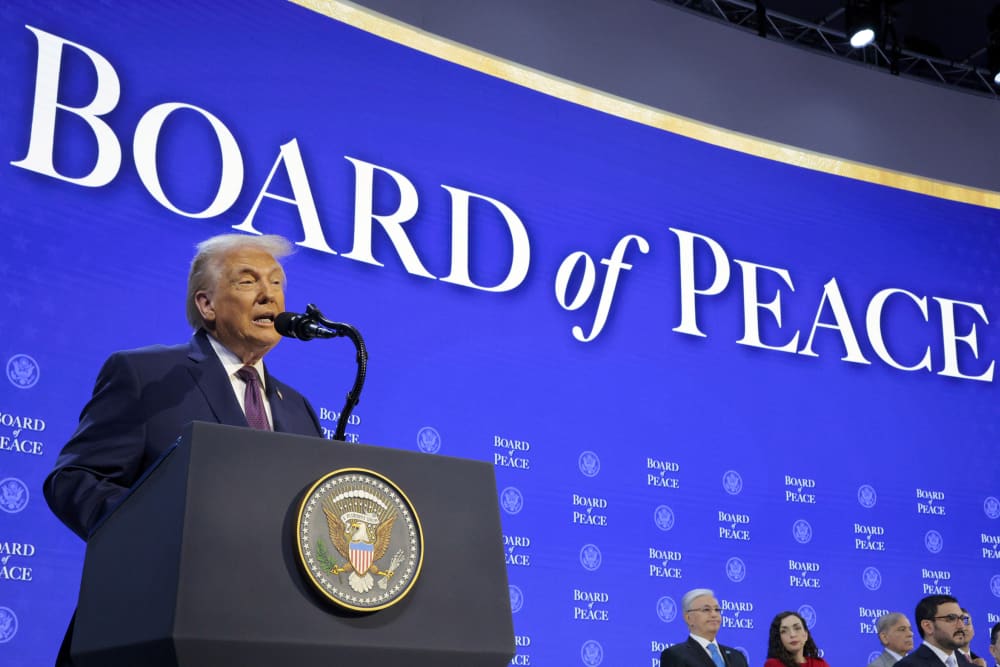 President Donald Trump presents the &ldquo;Board of Peace&rdquo; at the&nbsp;World Economic Forum (WEF) on Jan. 22, 2026 in Davos, Switzerland.
