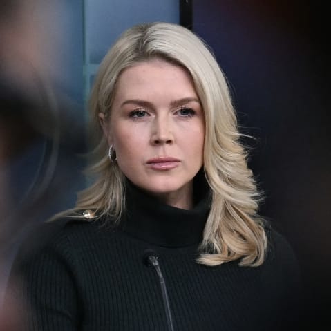 Karoline Leavitt looks at reporters during a press conference.