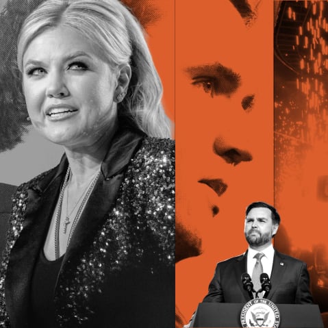 A composite image of Charlie Kirk, Erika Kirk, JD Vance, Tucker Carlson, and Ben Shapiro