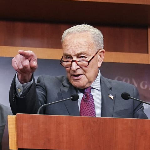 US Senate Minority Leader Chuck Schumer (C), alongside Senator Gary Peters (L), and Senator Richard Blumenthal (R), speaking during a news conference calling on the Trump administration to release further information on the Jeffrey Epstein case on July 30, 2025 at the US Capitol.
